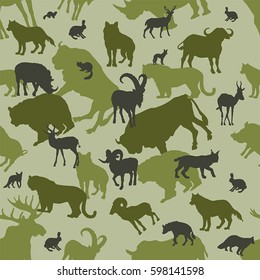 Vector seamless camouflage with animal silhouettes in green color