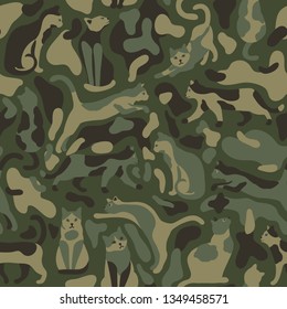 Vector seamless camouflage pattern with CATS. Classic military colors.