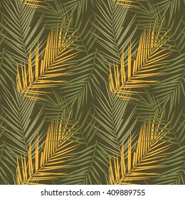 Vector seamless camouflage pattern with green silhouette of leafs of plant Kentia and Monstera