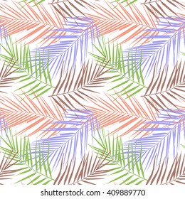 Vector seamless camouflage pattern with green silhouette of leafs of plant Kentia and Monstera isolated on white background