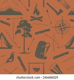 Vector Seamless Camping Pattern At The Orange Background