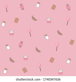 Vector seamless candy background. Bonbons, croissants, chocolates, jam jar and lolly pops. Pink background