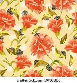 Vector Seamless Carnation Floral print Pattern. Flower drawing pattern with of yellow carnation on background hand-drawing dot. Background for your design projects.