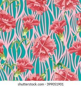 Vector Seamless Carnation Floral print Pattern. Flower drawing pattern with of red carnation on against the background of pink wave strips. Background for your design projects.