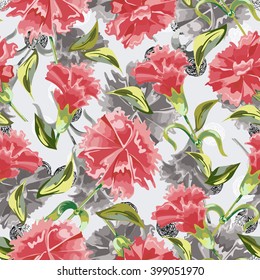 Vector Seamless Carnation Floral print Pattern. Flower drawing pattern with of red and grey carnation on background hand-drawing dot. Flower background for your design projects.