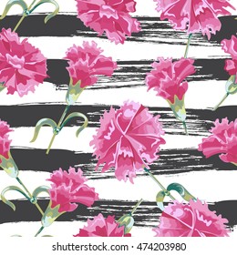 Vector Seamless Carnations Floral Hand-drawn Pattern. Flower pattern with of pink flowers on against the background of strips of drawn dark gray ink. Background for your design projects.