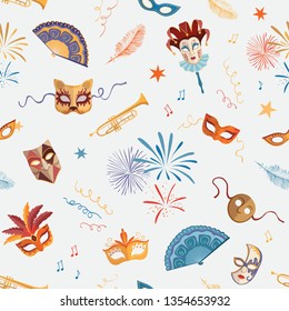 Vector seamless carnival pattern. Venetian masks and fireworks on white background