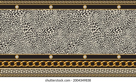 Vector seamless carpet border print on a beige leopard skin pattern background. Gold classical Greek meander frieze, Baroque golden chain frame, pearl jewelry. Scarf, shawl, rug