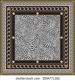 Vector seamless carpet border print on leopard skin black and white pattern background. Greek meander frieze, Baroque golden chain frame, pearl jewelry. Scarf, shawl, rug