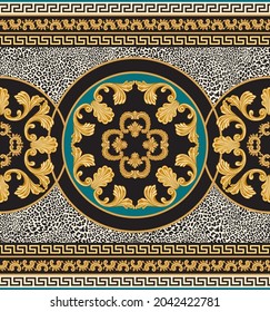 Vector seamless carpet border print on a beige leopard skin pattern background. Gold classical Greek meander frieze, Baroque golden scrolls, frame, round rosette. Scarf, shawl, rug