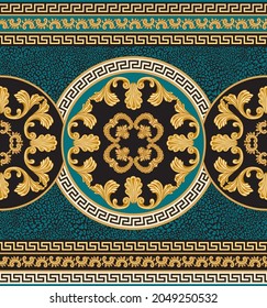 Vector seamless carpet border print on a leopard skin pattern background. Gold classical Greek meander frieze, Baroque golden scrolls, frame, round rosette. Scarf, shawl, rug