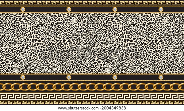 Vector\
seamless carpet border print on a beige leopard skin pattern\
background. Gold classical Greek meander frieze, Baroque golden\
chain frame, pearl jewelry. Scarf, shawl,\
rug