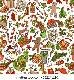 Vector Seamless Cartoon Christmas Pattern. Christmas tree and baubles, gifts, candy canes, snowman, gingerbread man, bells and ribbons, sweets, Santa sock, hat, beard, holly berries.