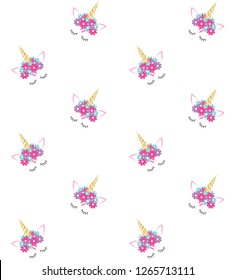 Vector seamless cartoon flat pattern of unicorn faces with eyes and horn and flowers isolated on white background 