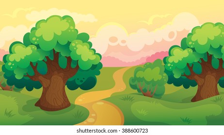 Vector seamless cartoon game background of forest landscape