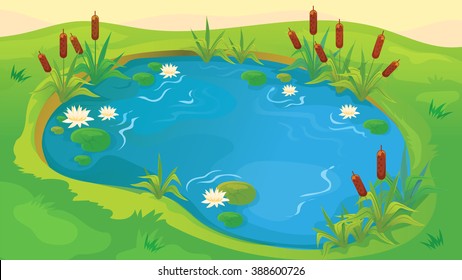 Vector seamless cartoon game background of pond with reeds and water lilies