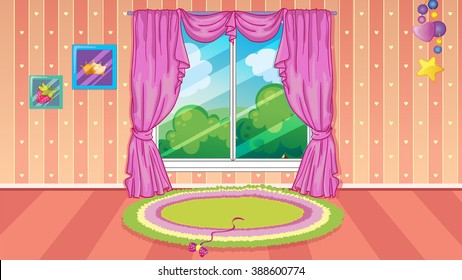 Vector seamless cartoon game background of child room with a big window