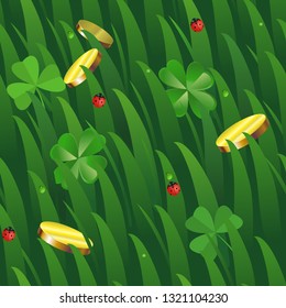 Vector seamless cartoon grass with ladybugs coins and clover
