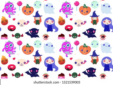 Vector seamless cartoon halloween background card print design funny colorful skull witch vampire scary october greeting party