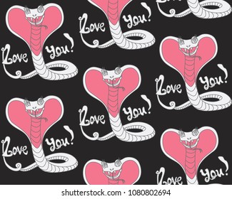 Vector seamless cartoon humorous pattern of. funny smiling cobra with bloated snake hood in the form of a pink heart on a black background. Textile print, wallpaper, wrapping paper. Adults coloring bo