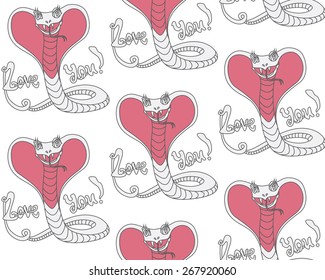 Vector seamless cartoon humorous pattern of. funny smiling cobra with pink bloated snake hood