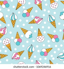 Vector seamless cartoon ice cream cone pattern. 