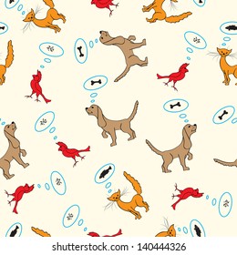 vector seamless cartoon illustration with dog, cat and bird