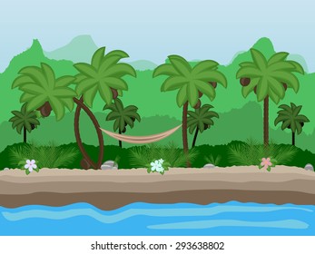 Vector Seamless cartoon nature landscape, unending tropical background with beach with palm trees, coconuts, exotic flowers and multiple levels mountains and bushes