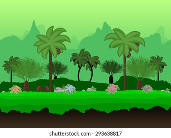 Vector Seamless cartoon nature landscape, unending tropical background with palm trees, coconuts, exotic flowers and multiple levels mountains and bushes