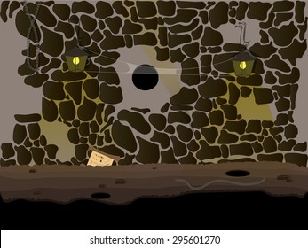 Vector Seamless cartoon nature landscape, underground cave endless background with lighting of lamps and cobwebs hanging around