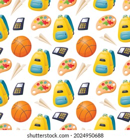 Vector seamless cartoon pattern with childrens school supplies, a backpack and a basketball.