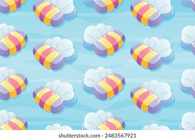 Vector seamless cartoon pattern of a children's inflatable swimming mattress in the shape of a cloud with a rainbow.