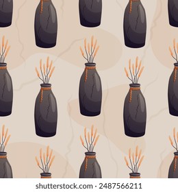 Vector seamless cartoon pattern of a clay decorative vase with dried flowers.