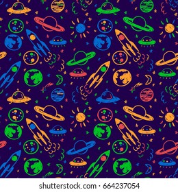 Vector seamless cartoon pattern. Colored hand drawn space pattern with planets, ufo, rocket and stars for paper, textile, handmade decoration, scrap-booking, polygraphy, t-shirt, cards, web design.