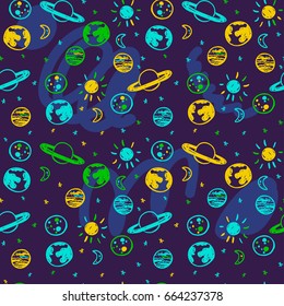Vector seamless cartoon pattern. Colored hand drawn space pattern with planets and stars for paper, textile, handmade decoration, scrap-booking, polygraphy, t-shirt, game, cards, web design.