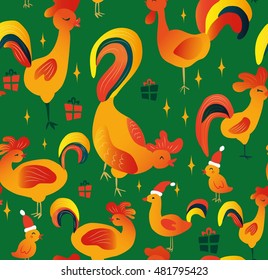 vector seamless . cartoon pattern depicting roosters . 2017 - the year of the fiery red rooster on the Chinese calendar . symbol of the new year.
