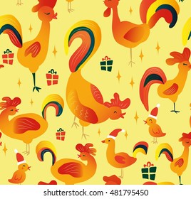 vector seamless . cartoon pattern depicting roosters . 2017 - the year of the fiery red rooster on the Chinese calendar . symbol of the new year.
