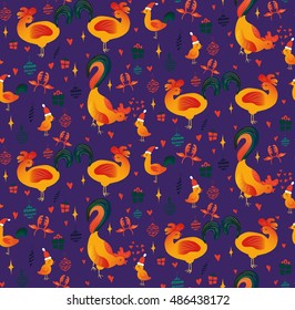vector seamless . cartoon pattern depicting roosters . 2017 - the year of the fiery red rooster on the Chinese calendar . symbol of the new year.
