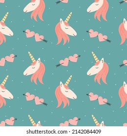 Vector seamless cartoon pattern with fabulous unicorns and hearts.