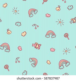 Vector seamless cartoon pattern. Fish, fruits, candies, clouds, sun and rainbow. Gentle turquoise background for kids