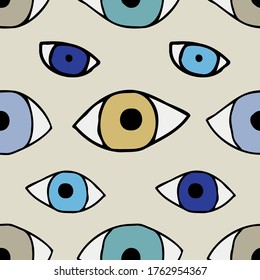 Patrón de dibujos animados sin fisuras vectoriales de ojos dibujados a mano sobre fondo blanco. Diseño colorido. El diseño es perfecto para telas de moda, fondos surrealistas, embalaje, superficie, sábanas.
