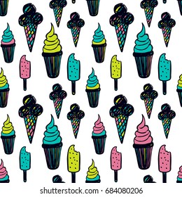 Vector seamless cartoon pattern with ice cream. Hand drawn colored dessert pattern for paper, textile, handmade decoration, scrap-booking, clothes, cards.