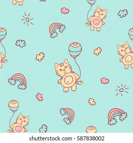 Vector seamless cartoon pattern. Little kitten with balloons, clouds, sun and rainbow. Gentle turquoise background for kids