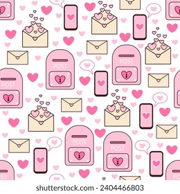 Vector seamless cartoon pattern with love mail in pink tones on a white background. Valentine's Day Concept