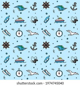 vector seamless cartoon pattern on the theme of pirates. steering wheel, ship, compass, binoculars, seagull, sea life. doodle. hand drawing