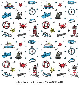 vector seamless cartoon pattern on the theme of pirates. crab, sailor, ship, compass, lighthouse, seagull, sea life. the fool. hand drawing