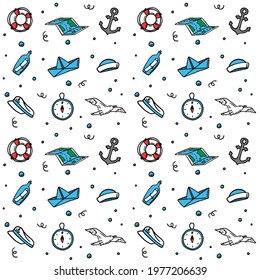 vector seamless cartoon pattern on the theme of the sea. lifebuoy, sailor, boat, compass, seagull, sea life. doodle. hand drawing