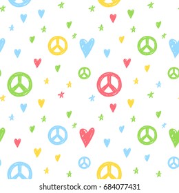 Vector seamless cartoon pattern with peace sign, hearts and stars. Hand drawn colored hippie pattern for paper, textile, handmade decoration, scrap-booking, polygraphy, clothes, cards.