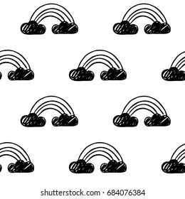Vector seamless cartoon pattern with rainbows. Hand drawn black and white pattern for paper, textile, handmade decoration, scrap-booking, clothes, cards.