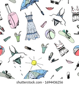Vector seamless cartoon pattern with symbols of summer, doodle style, hand-drawn things. Umbrella, sundress, sunblock, sunglasses, hat, T-shirt, suitcase, cartoon sun with hands isolated on white.
